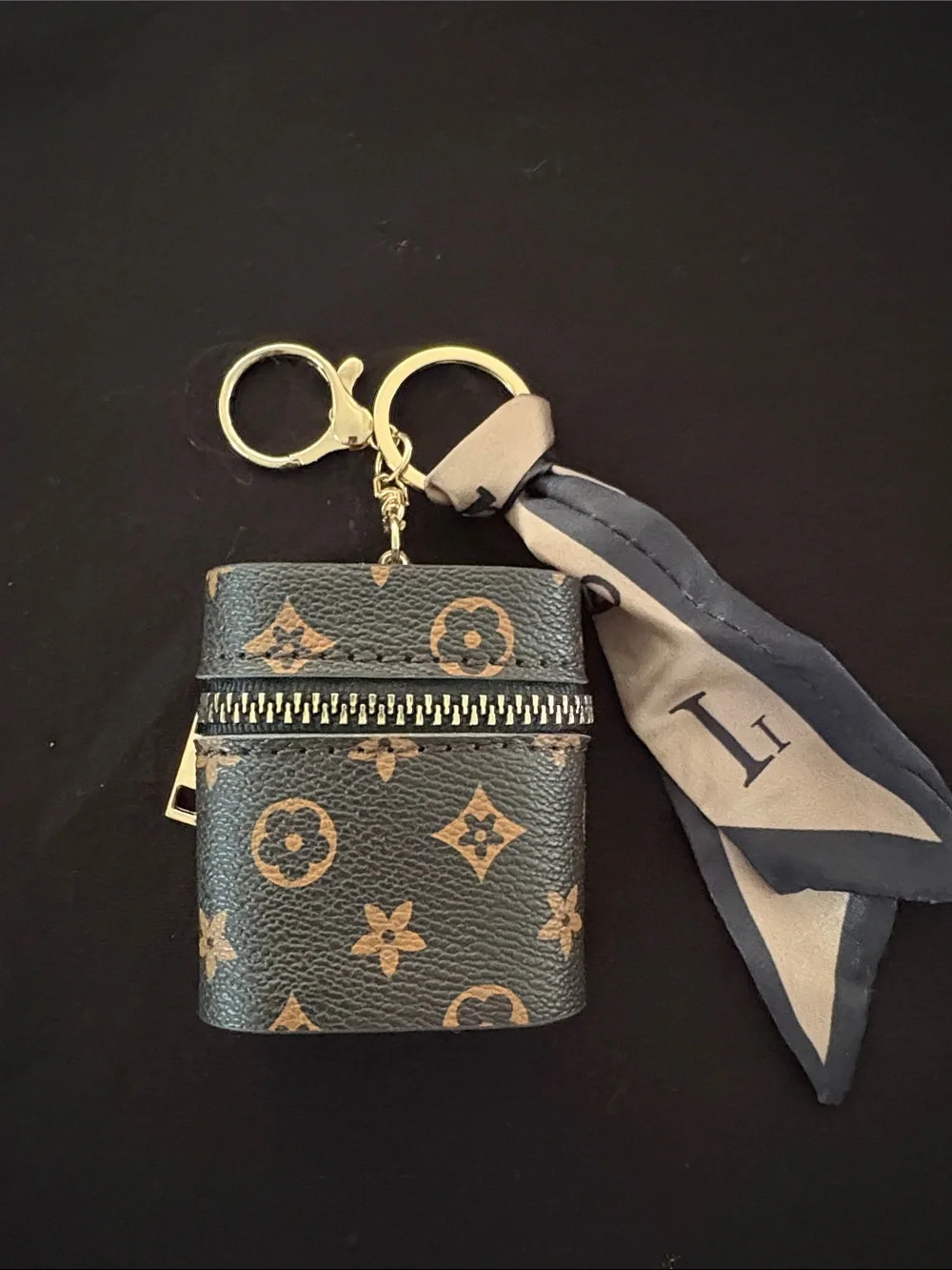 Fashion Monogram Zip AirPods Holder Keychain Bag Charm with Silk Scarf Tie